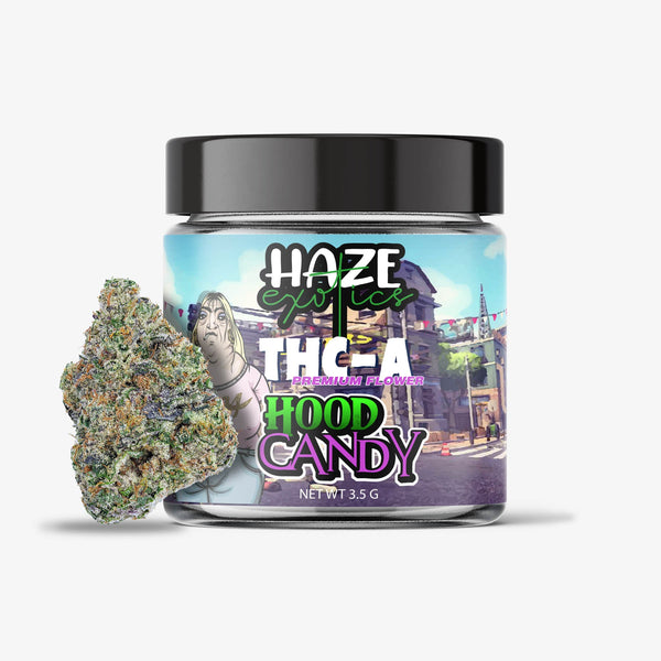 haze exotics thc-a flower hood candy 3.5 gram jar